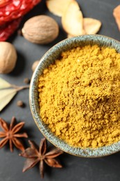 Dry curry powder in bowl and other spices on dark table, flat lay