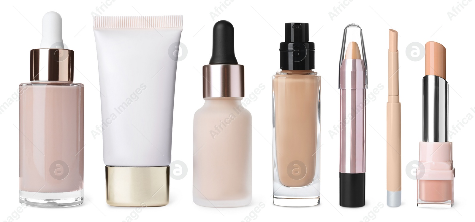 Image of Set with different decorative cosmetic products on white background. Banner design