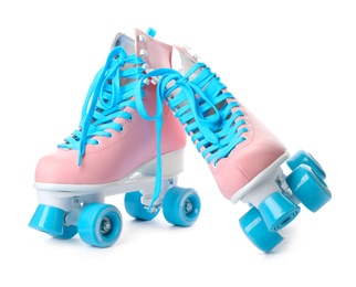 Photo of Pair of bright stylish roller skates on white background