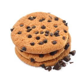 Stack of tasty chocolate chip cookies on white background