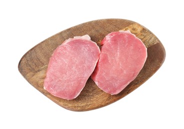 Photo of Wooden board with pieces of raw pork meat isolated on white, top view