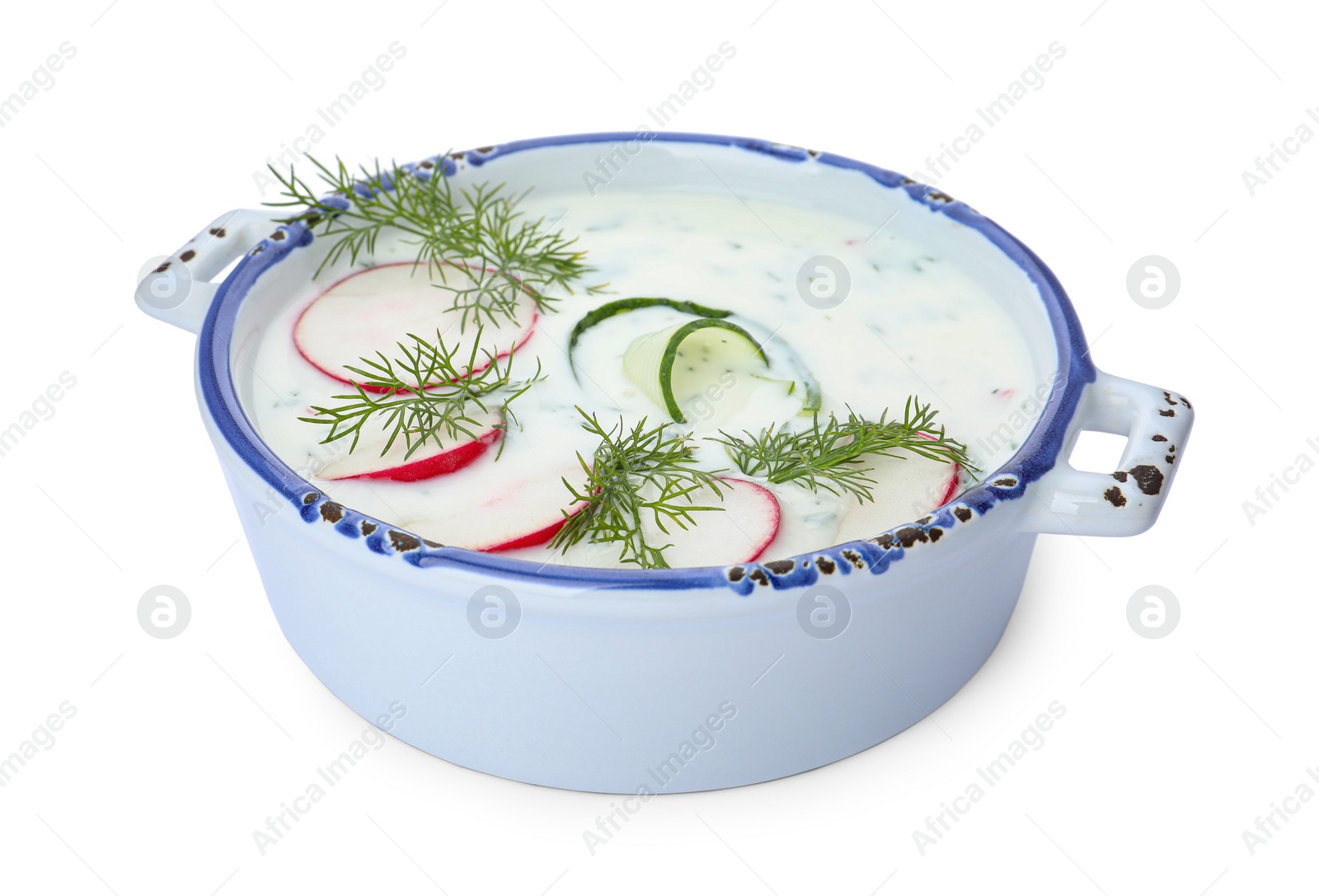 Photo of Delicious cold summer soup on white background
