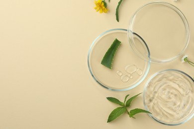 Flat lay composition with Petri dishes and plants on beige background. Space for text