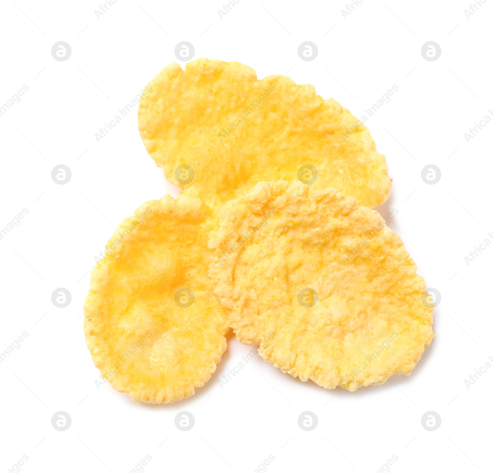 Photo of Tasty crispy corn flakes isolated on white, top view