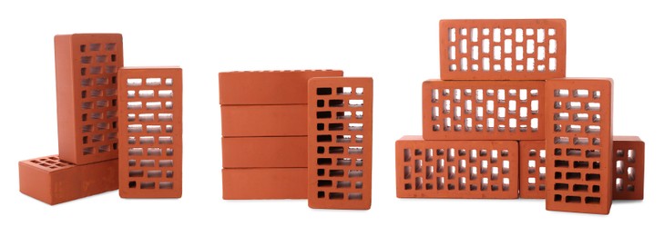 Set of stacked red bricks on white background