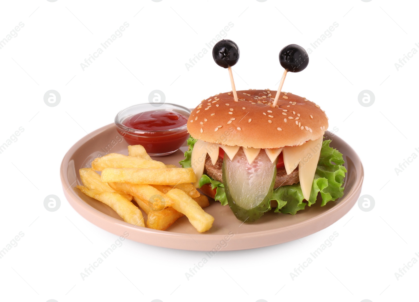 Photo of Cute monster burger served with french fries and ketchup isolated on white. Halloween party food