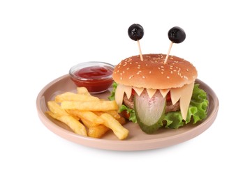 Photo of Cute monster burger served with french fries and ketchup isolated on white. Halloween party food