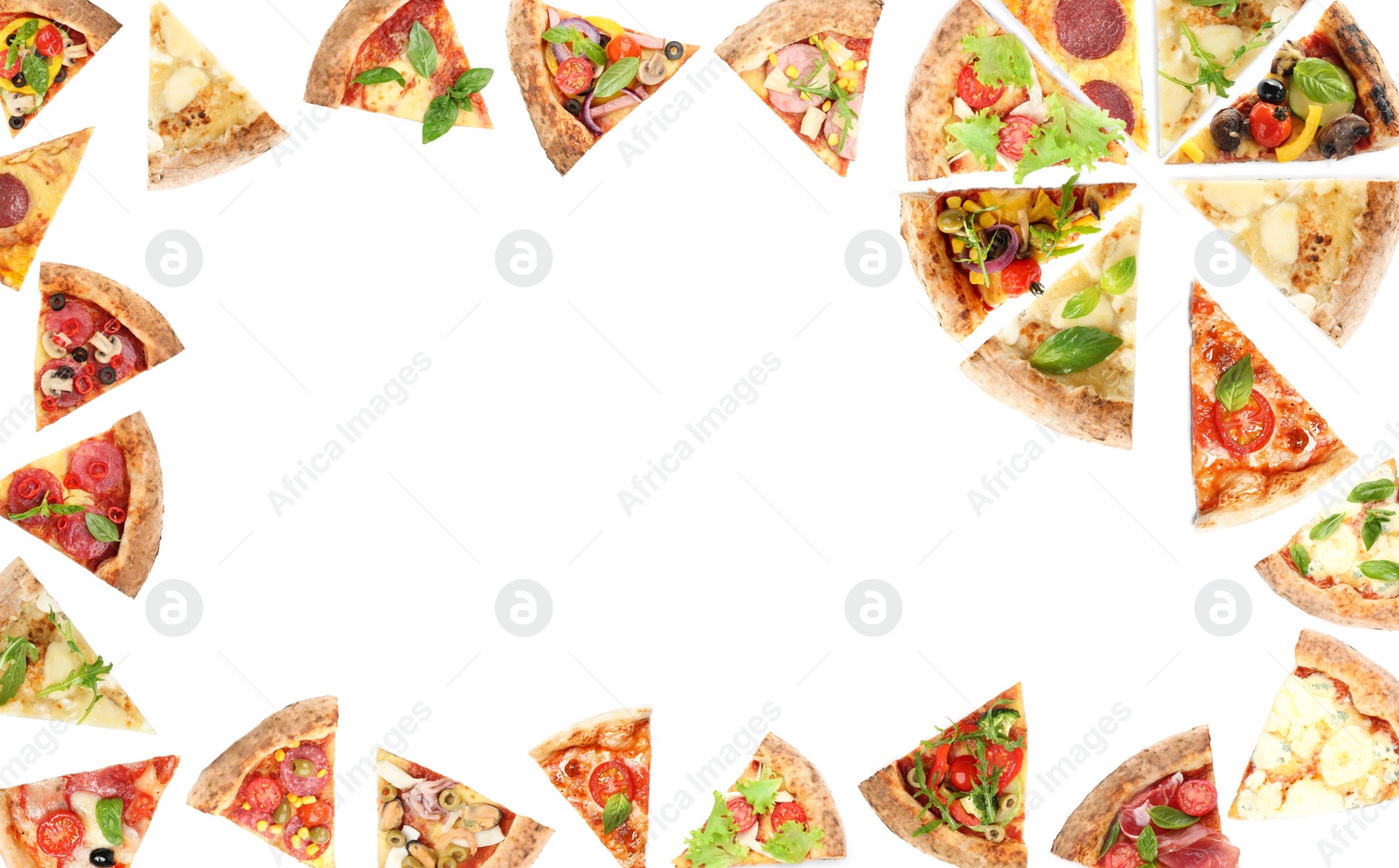 Image of Frame with slices of different pizzas on white background, top view 