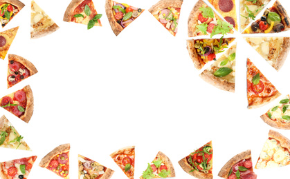 Image of Frame with slices of different pizzas on white background, top view 