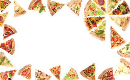 Frame with slices of different pizzas on white background, top view 