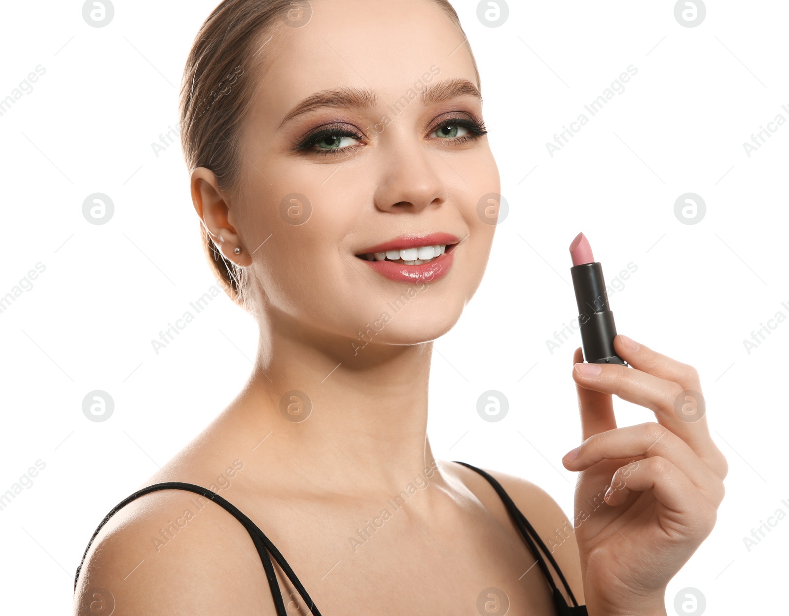 Photo of Beautiful woman with lipstick on white background. Stylish makeup