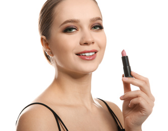 Photo of Beautiful woman with lipstick on white background. Stylish makeup