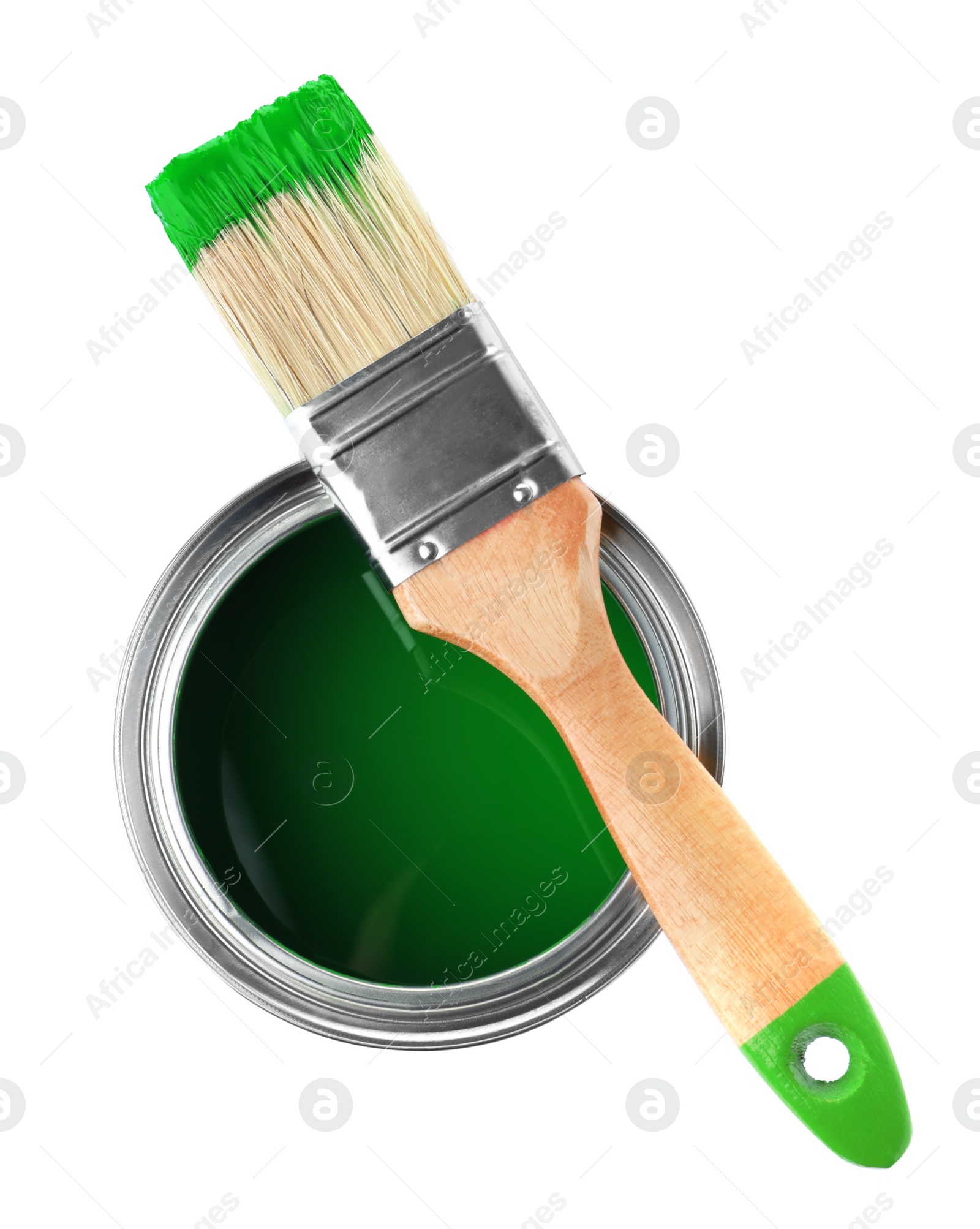 Photo of Paint can and brush on white background, top view