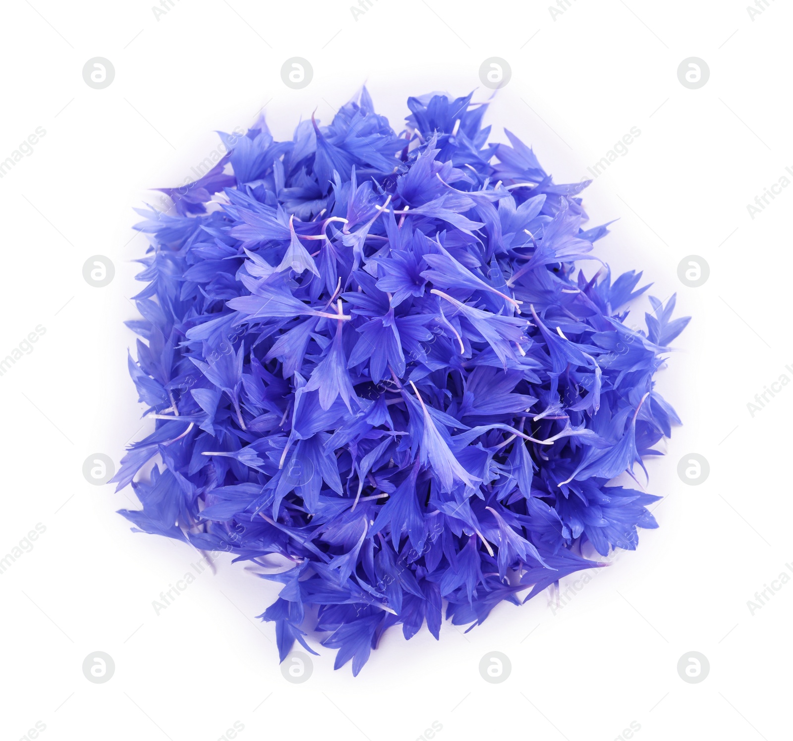 Photo of Heap of beautiful cornflower petals isolated on white, top view