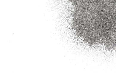 Photo of Shiny silver glitter on white background, top view