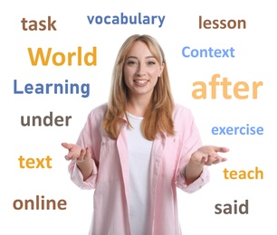 Image of Young woman talking on white background with different words in English
