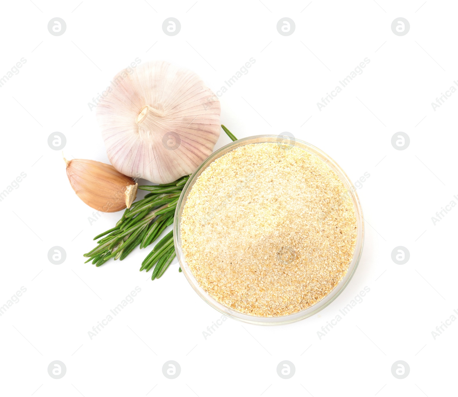 Photo of Bowl of dry garlic powder and rosemary on white background, top view