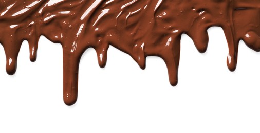 Photo of Tasty melted milk chocolate pouring down on white background