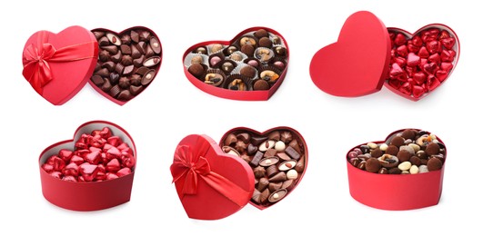 Image of Many heart shaped boxes with tasty chocolate candies on white background, collage design