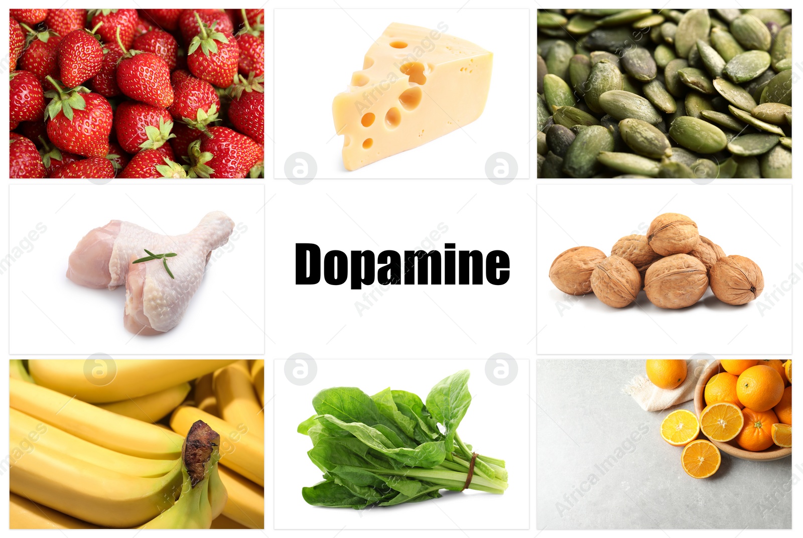 Image of Different foods rich in dopamine that can help you feel happiness. Different tasty products on white background