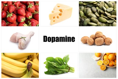 Different foods rich in dopamine that can help you feel happiness. Different tasty products on white background