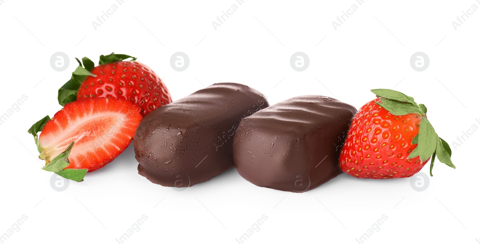 Photo of Delicious glazed curd snacks and fresh strawberries isolated on white