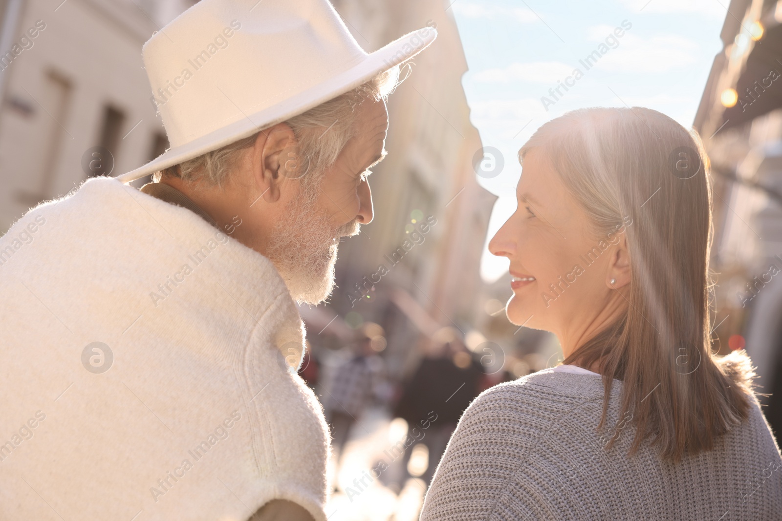 Photo of Affectionate senior couple walking outdoors, back view