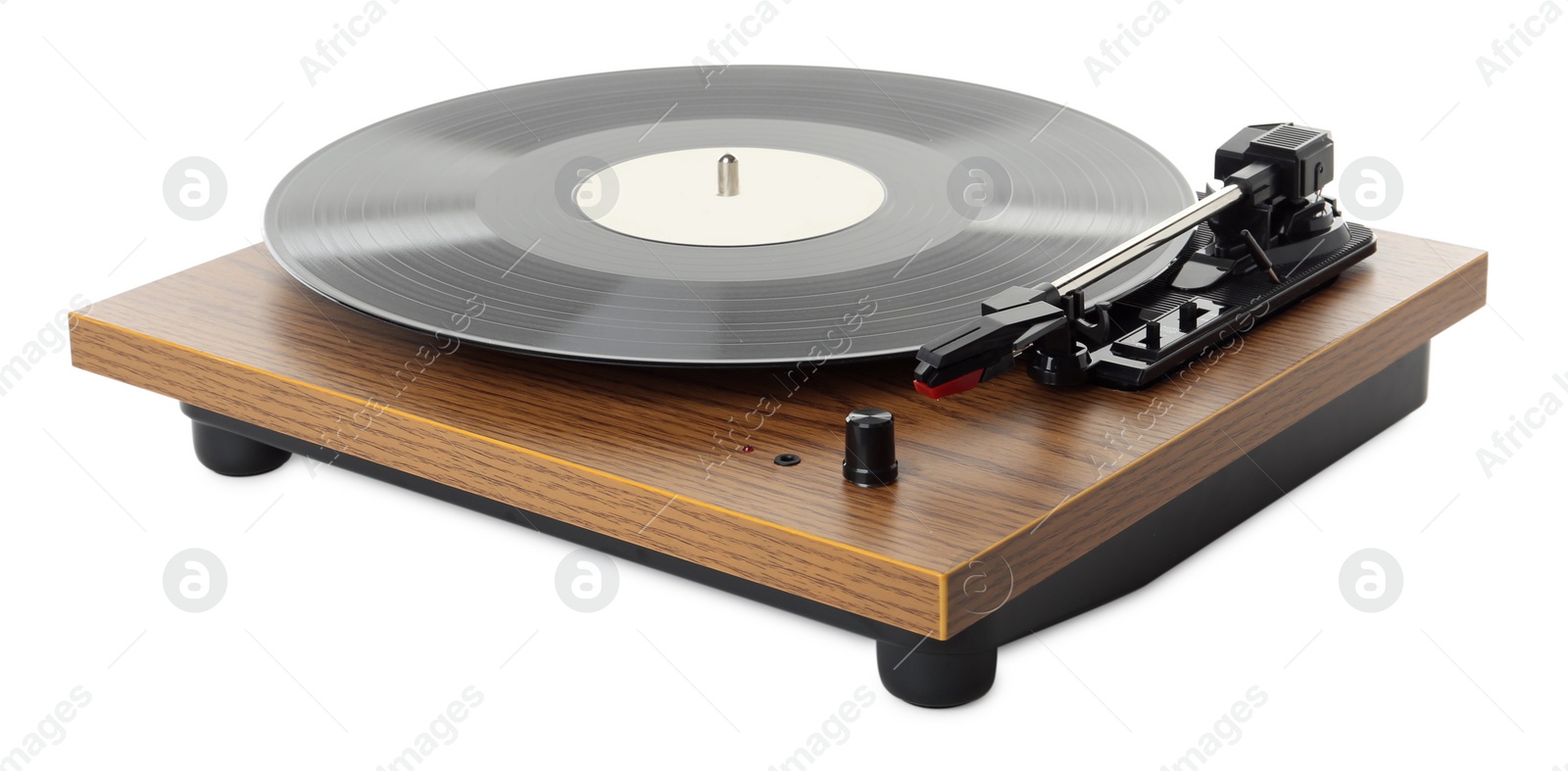 Photo of Modern turntable with vinyl record isolated on white