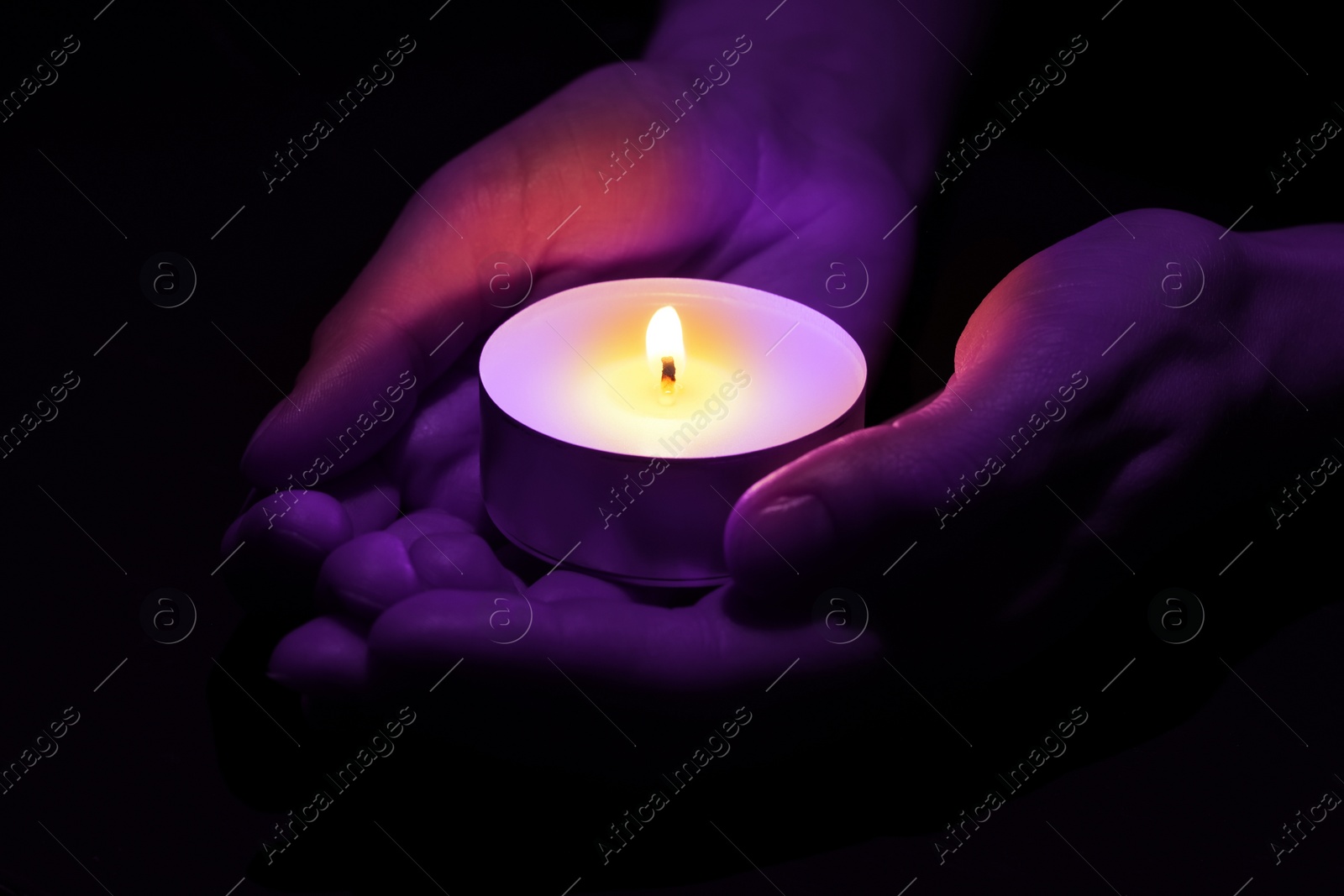 Image of Woman holding burning violet candle in hands on black background, closeup. Funeral attributes