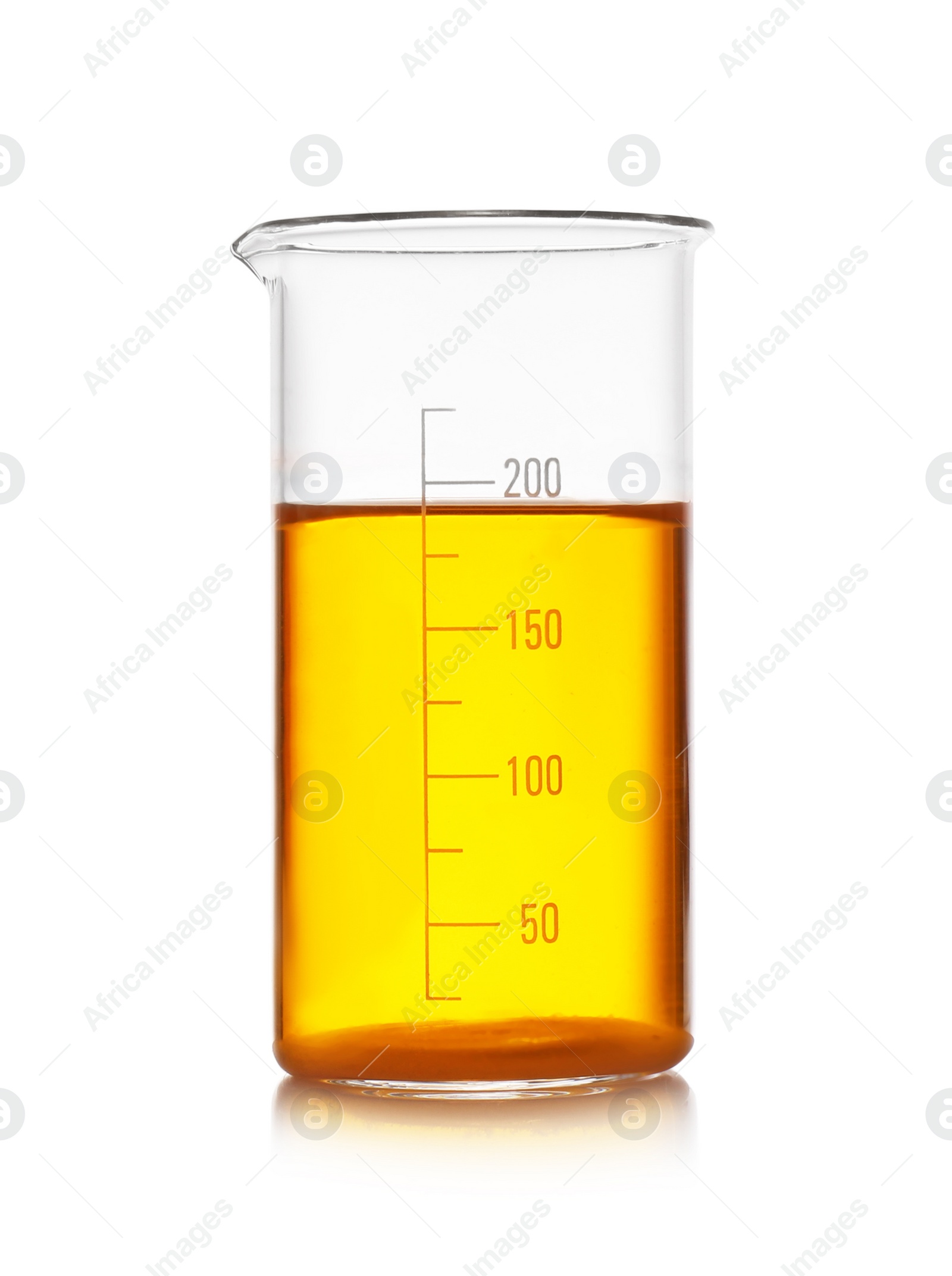 Photo of Beaker with color liquid isolated on white. Solution chemistry