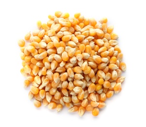 Photo of Raw corn kernels on white background. Healthy grains and cereals