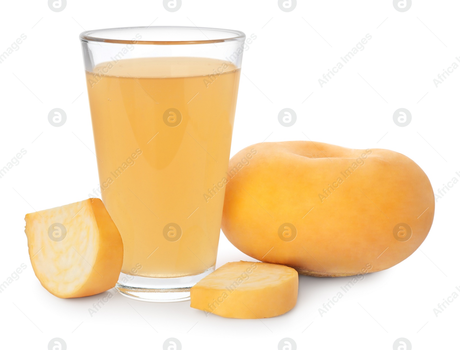 Photo of Glass of freshly made turnip juice on white background