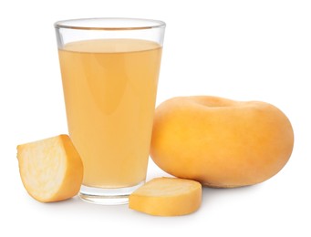 Glass of freshly made turnip juice on white background