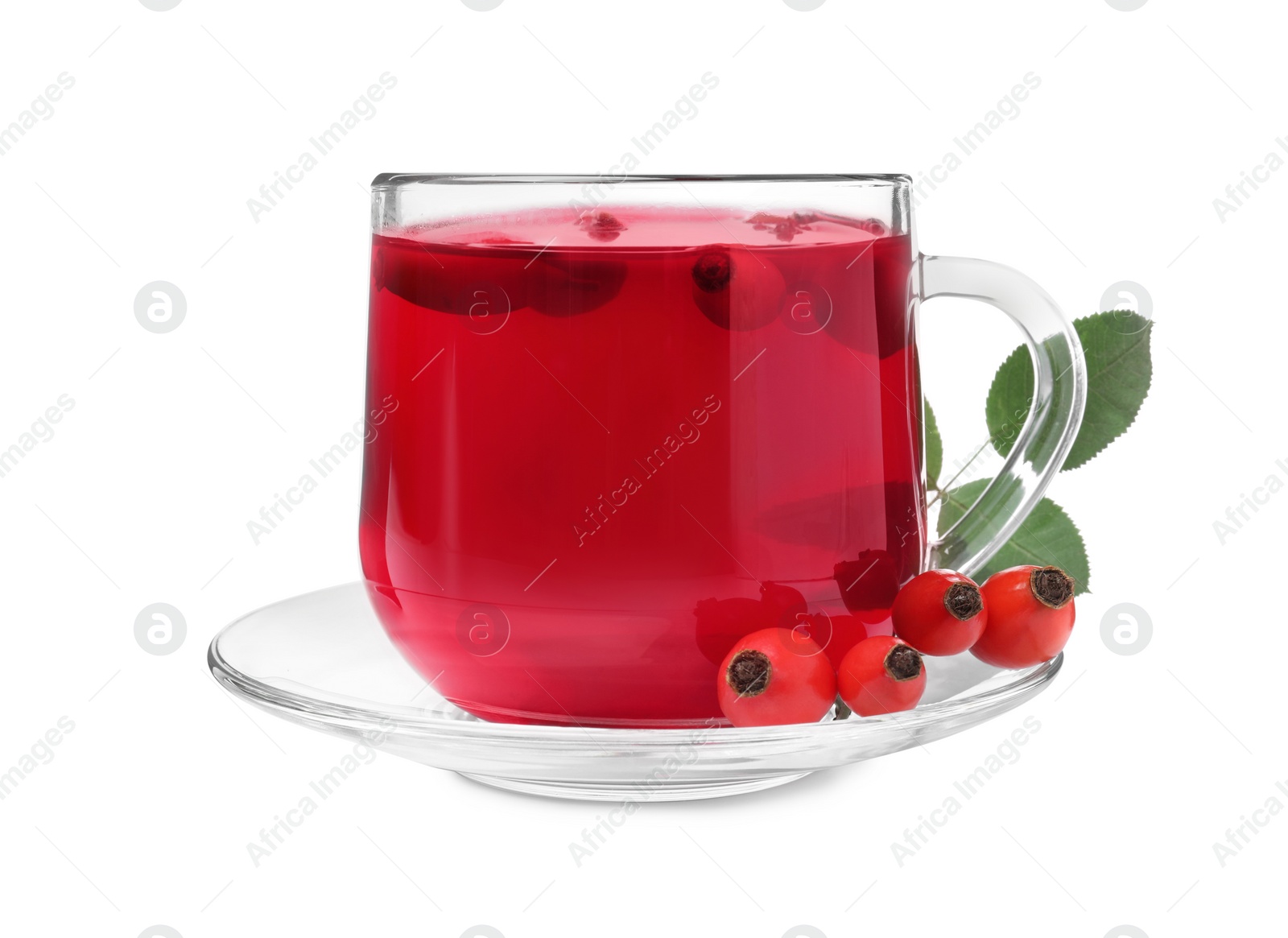 Photo of Aromatic rose hip tea and fresh berries on white background