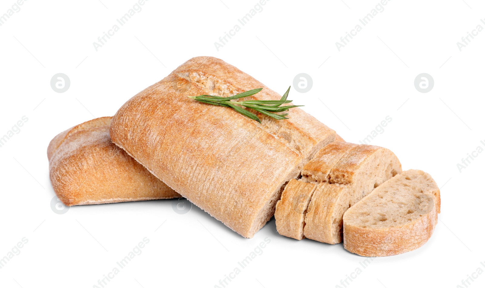 Photo of Cut delicious ciabattas with rosemary on white background