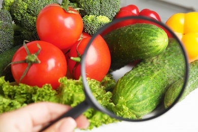 Photo of Woman with magnifying glass exploring vegetables, closeup. Poison detection