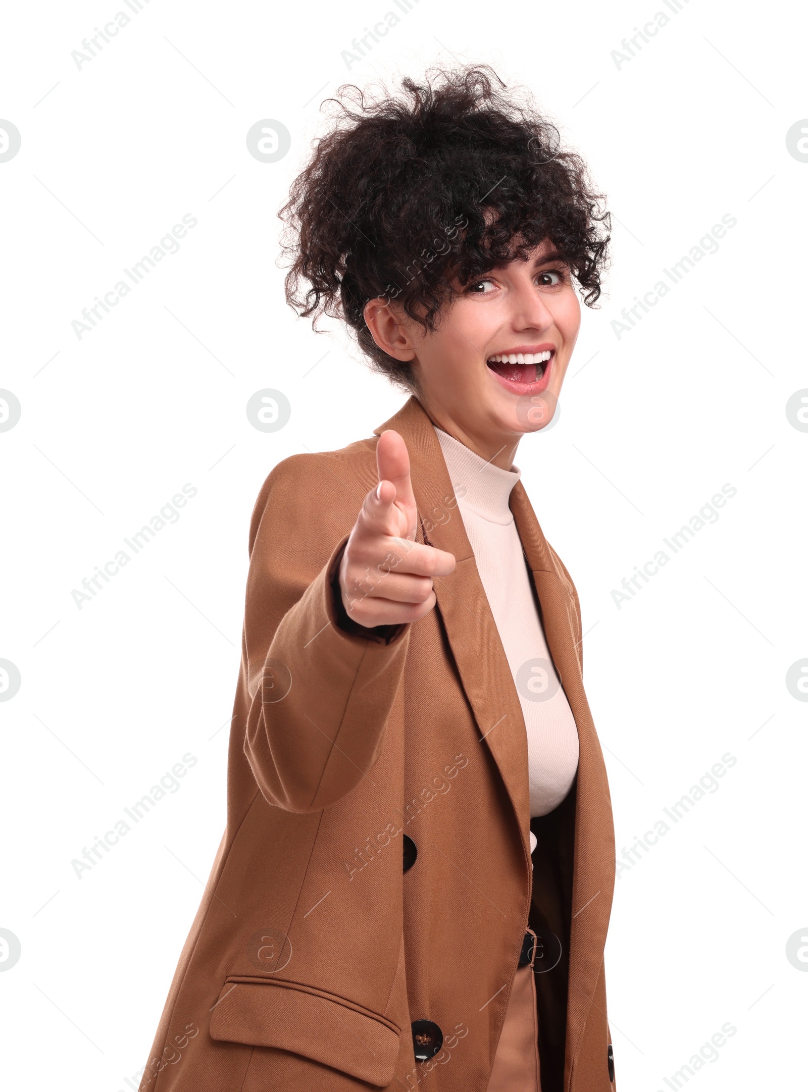 Photo of Beautiful happy businesswoman showing thumbs up on white background