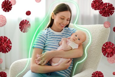 Illustration of Happy mother with her child at home. Bright outline symbolizing strong immunity protecting her against viruses