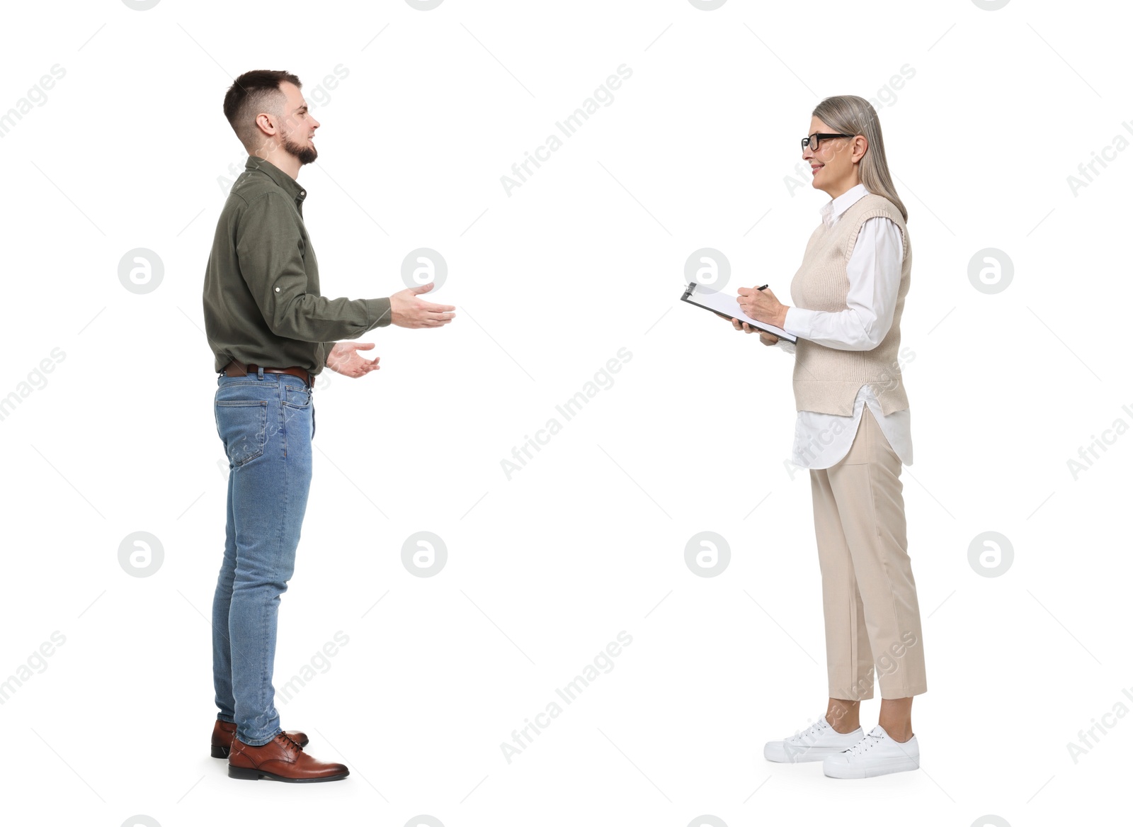 Image of Young man and senior woman talking on white background. Dialogue