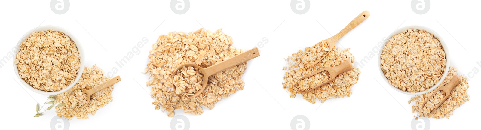 Image of Rolled oats isolated on white, collection. Top view