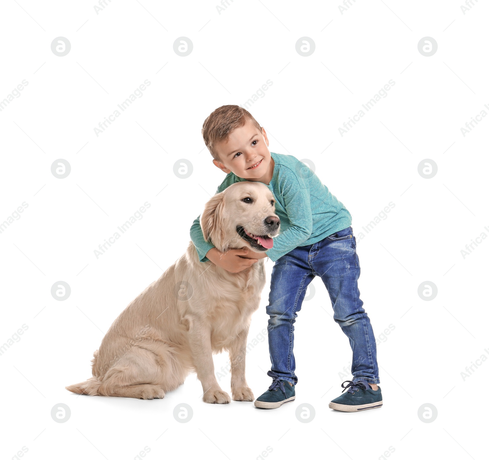 Photo of Cute little child with his pet on white background