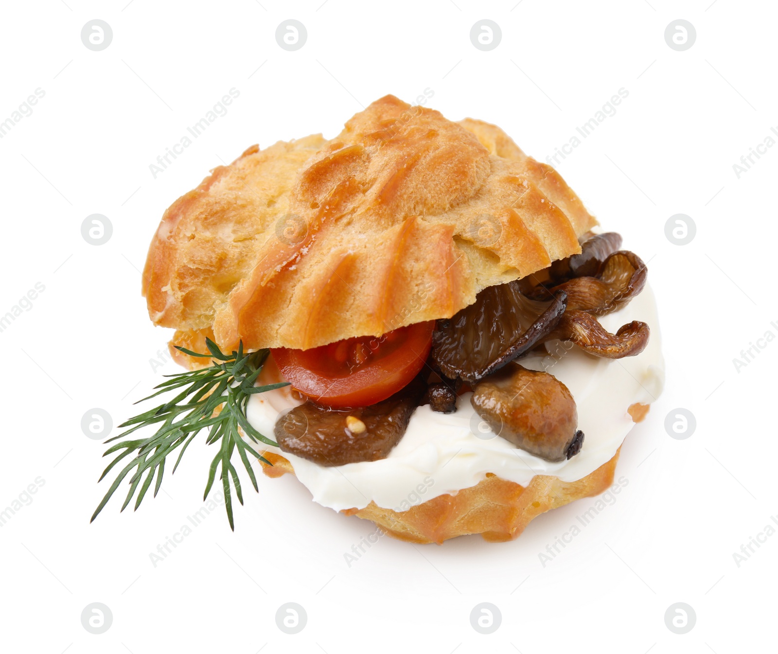 Photo of Delicious profiterole with cream cheese, mushrooms, tomato and dill on white background