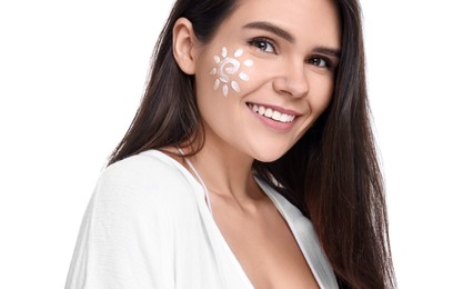 Photo of Beautiful young woman with sun protection cream on her face against white background