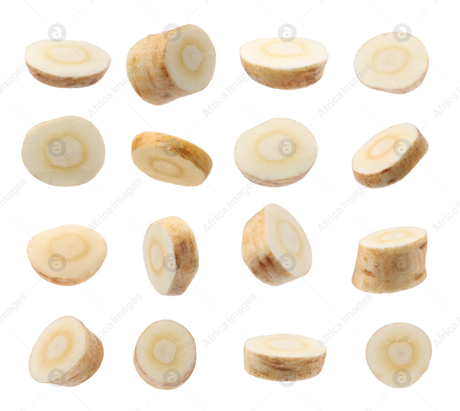 Image of Collage with cut parsnip on white background