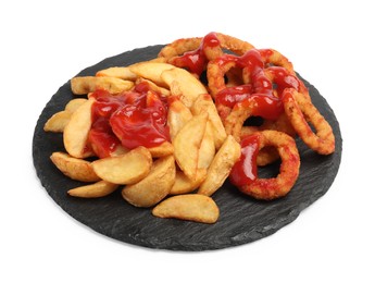 Delicious baked potato and onion rings with ketchup on white background