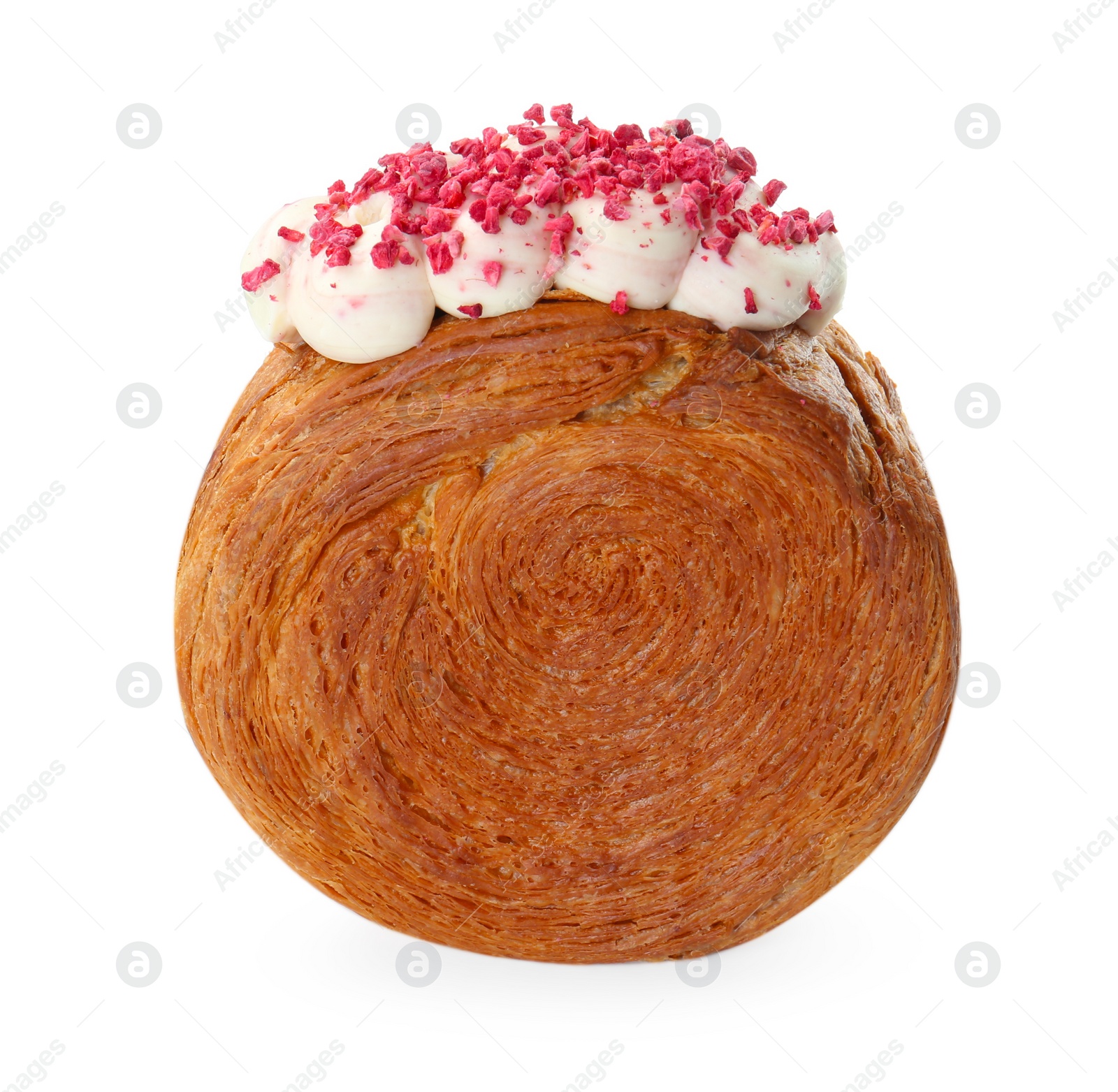 Photo of Round croissant with cream isolated on white. Tasty puff pastry