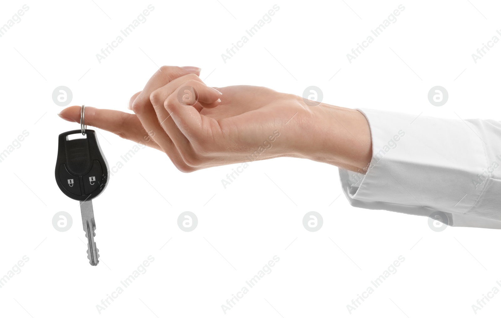 Photo of Woman holding car key isolated on white