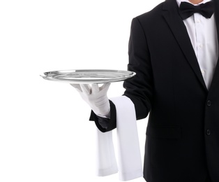 Photo of Waiter holding metal tray on white background