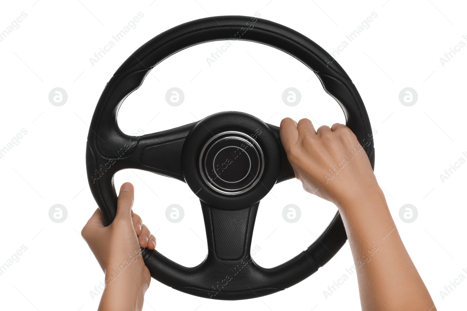 Photo of Woman with steering wheel on white background, closeup