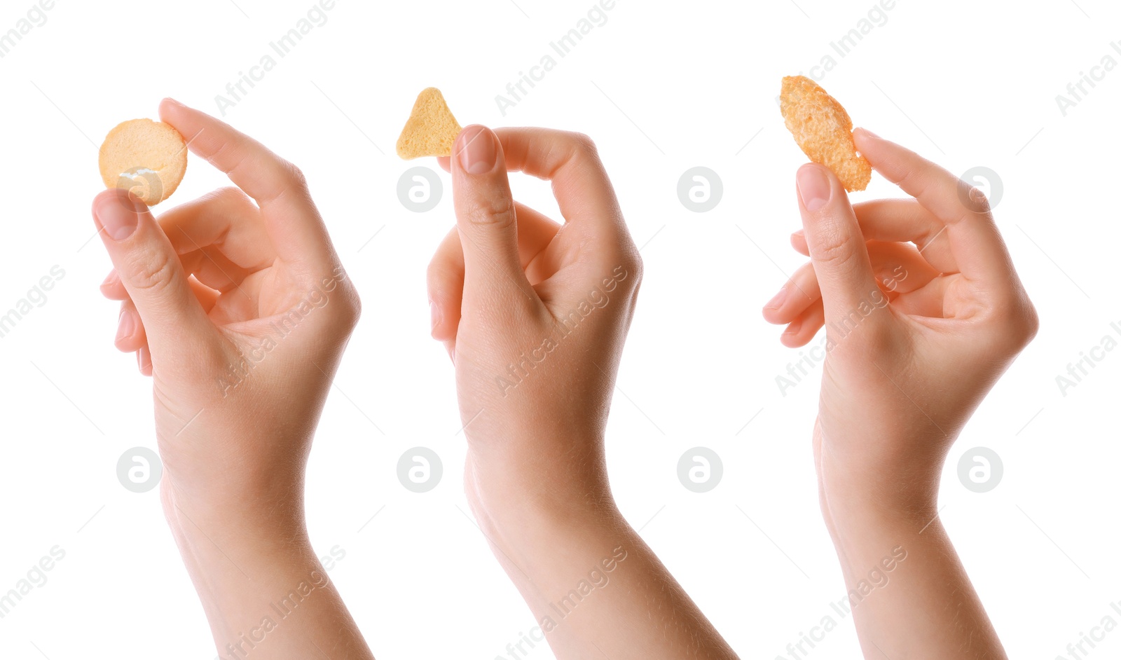 Image of Collage with photos of women holding delicious crispy rusks on white background, closeup